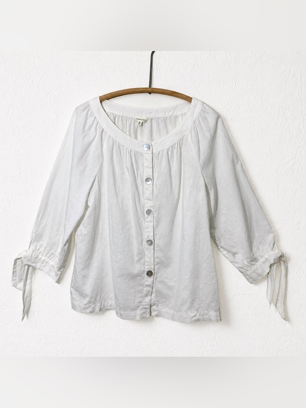 Max Studio Cream Cotton + Linen Button-Up Blouse Tie-Sleeves Cottagecore Sz M
